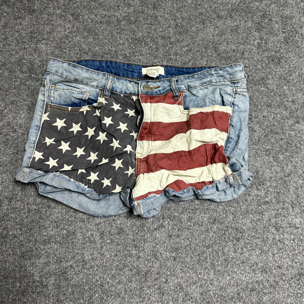 Forever 21 Denim Shorts Womens Size 30 Blue American Flag Stars Stripes Frayed